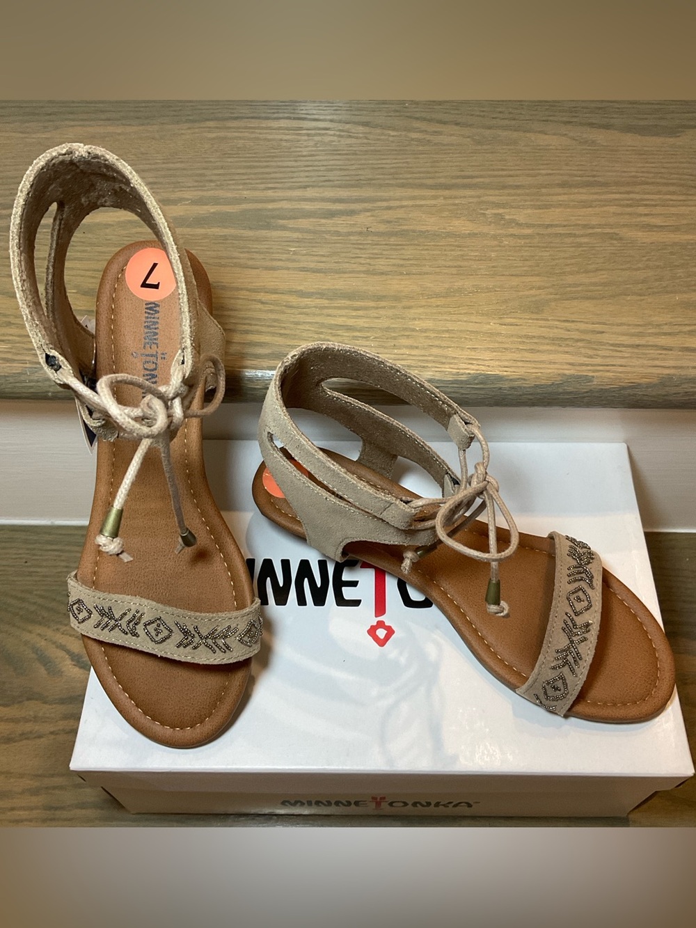 Minnetonka Taupe Suede Embroidered Lace-Up Ankle Sandal (7) - Picture 2 of 12